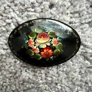 Russian Lacquer Brooch, Floral Painted Oval Brooch